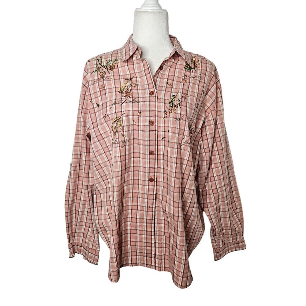 Vintage Size XL 80's Plaid Fall Shirt Embroidered Button-Up Floral & Leaf Design